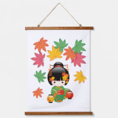 秋こけし人形 – 緑の着物芸者ガール 吊り下げ型タペストリー (正面)