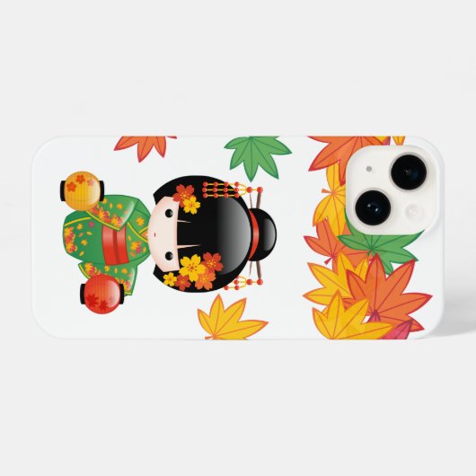 秋こけし人形 – 緑の着物芸者ガール iPhoneケース (裏面横)