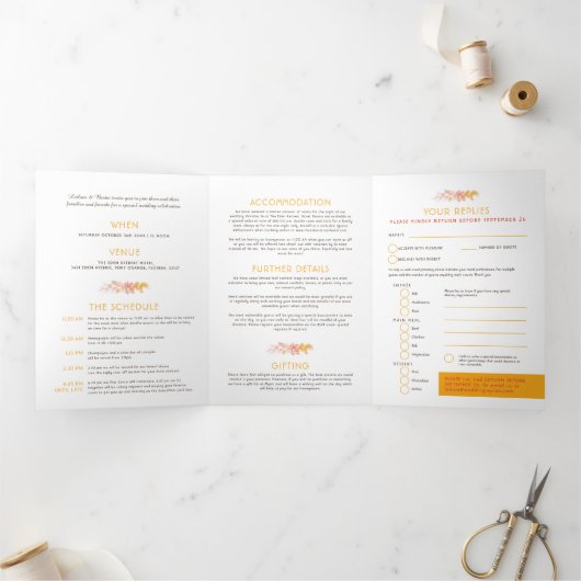 秋つる植物オレンジ結婚色の水の色のオールインワン 三つ折り招待状 (内部)