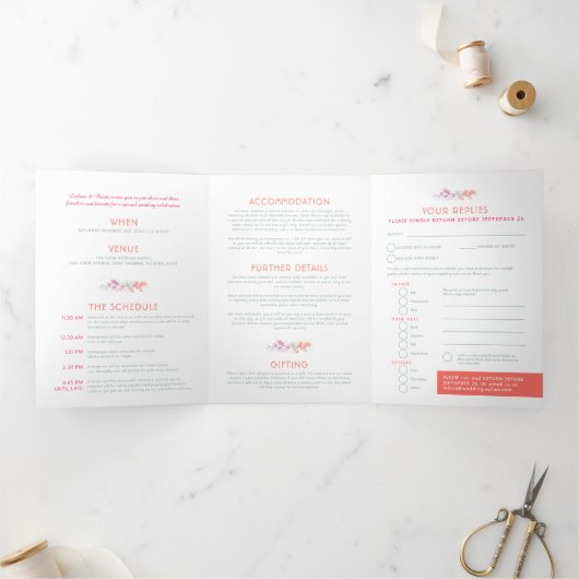 秋つる植物サンゴ赤セージ緑の水の色結婚の 三つ折り招待状 (内部)