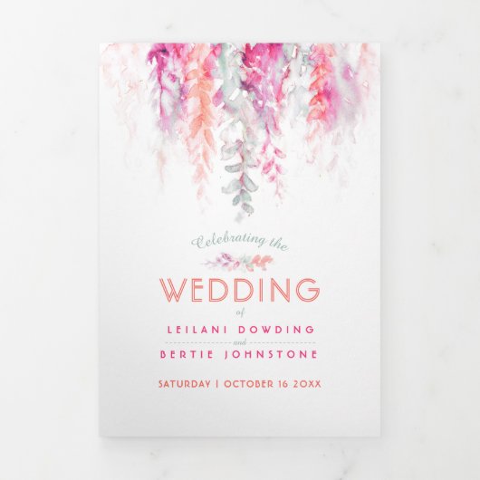 秋つる植物サンゴ赤セージ緑の水の色結婚の 三つ折り招待状 (カバー)