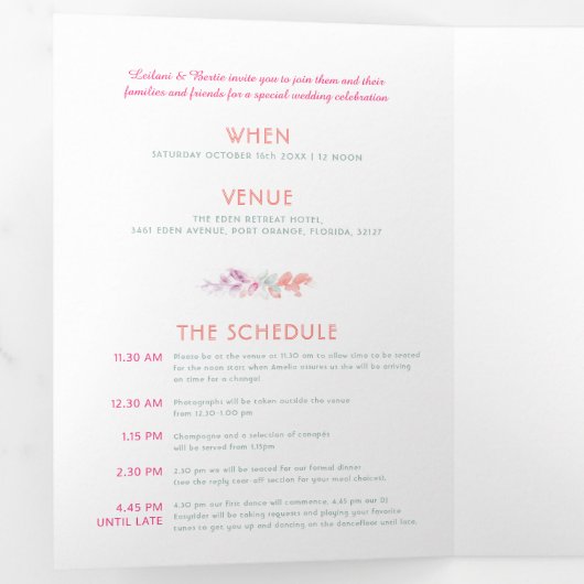 秋つる植物サンゴ赤セージ緑の水の色結婚の 三つ折り招待状 (内部最初)