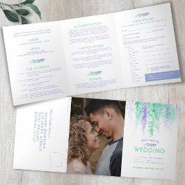 秋つる植物ブルー結婚グリーン水カラーのオールインワン 三つ折り招待状