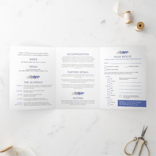 秋つる植物ブルー結婚グレー水彩オールインワン 三つ折り招待状 (内部)