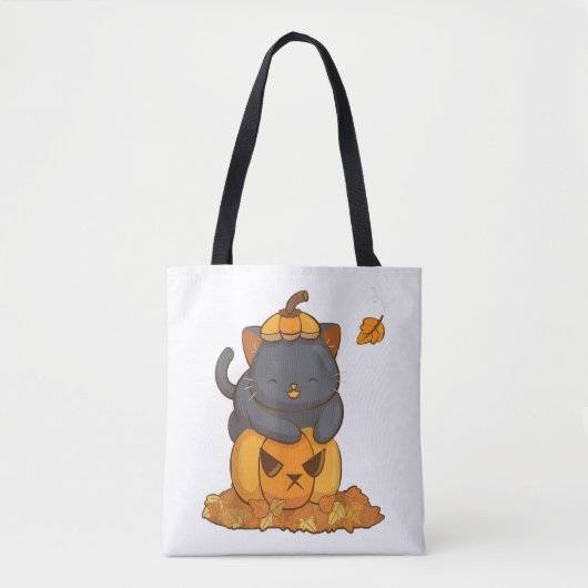 秋とカボチャの上にハロウィン黒猫 トートバッグ (正面)