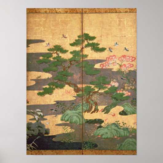 秋と冬の花を持つ鳥 ポスター (正面)