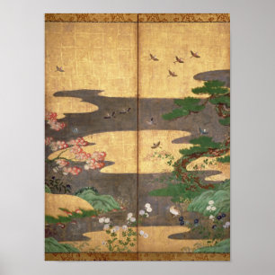 秋と冬の花を持つ鳥 ポスター