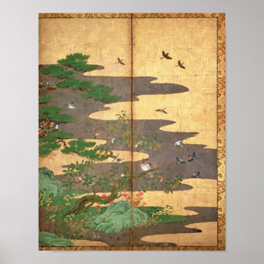 秋と冬の花を持つ鳥 ポスター (正面)