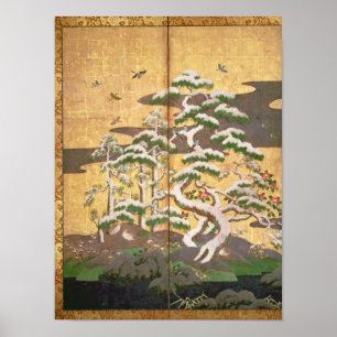 秋と冬の花を持つ鳥 ポスター