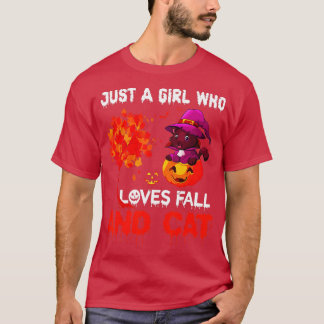 秋と猫を愛する女おもしろいの子 Tシャツ