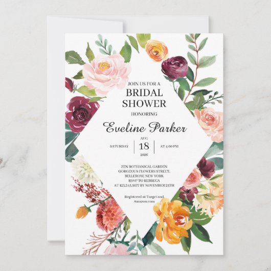 秋と秋の赤面ブルゴーニュオレンジ色の花 招待状 (正面)