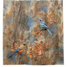 秋と青葉の鳥の木々 シャワーカーテン