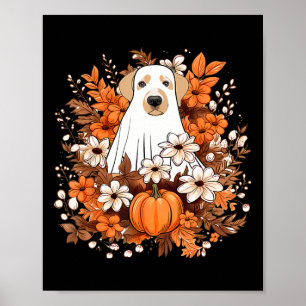 秋にかわいい犬幽霊とカボチャのハロウィン秋 ポスター