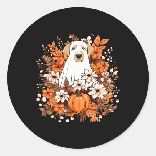 秋にかわいい犬幽霊とカボチャのハロウィン秋 ラウンドシール (正面)