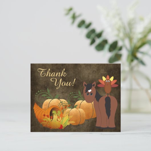 秋にかわいい茶色の馬と七面鳥ありがとう シーズンポストカード (スタンド正面)