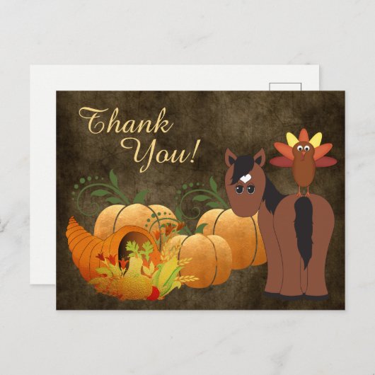 秋にかわいい茶色の馬と七面鳥ありがとう シーズンポストカード (正面/裏面)