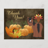 秋にかわいい茶色の馬と七面鳥ありがとう シーズンポストカード (正面)