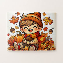 秋にコーンを持つ笑顔の子供