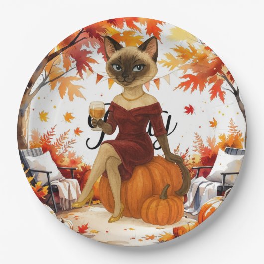 秋に優しい秋パーティーのための猫好き ペーパープレート (正面)
