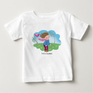 秋に外で凍る漫画の子ども ベビーTシャツ