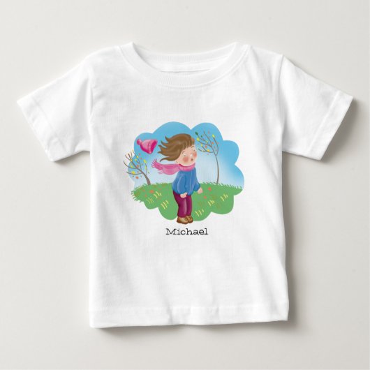 秋に外で凍る漫画の子ども ベビーTシャツ (正面)