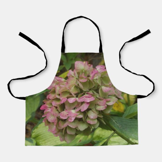 秋のあじさい開花ウィズゴールデンホスタ葉ズ エプロン (正面)