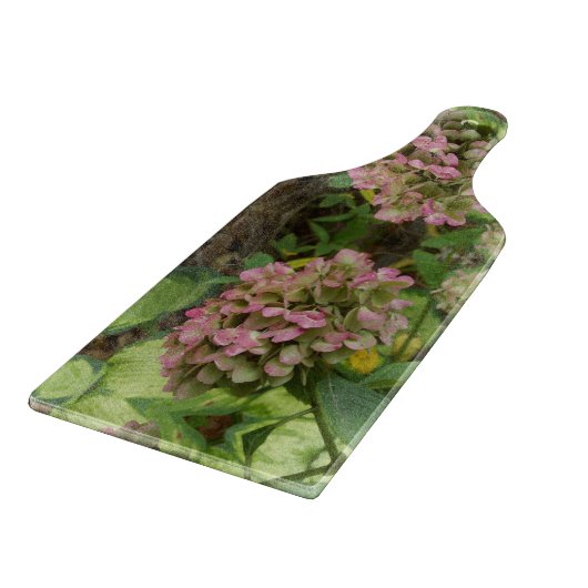秋のあじさい開花ウィズゴールデンホスタ葉ズ カッティングボード (角)