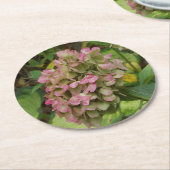 秋のあじさい開花ウィズゴールデンホスタ葉ズ ラウンドペーパーコースター (アングル)
