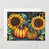 秋のお洒落ひまわりとカボチャ シーズンポストカード (正面/裏面)