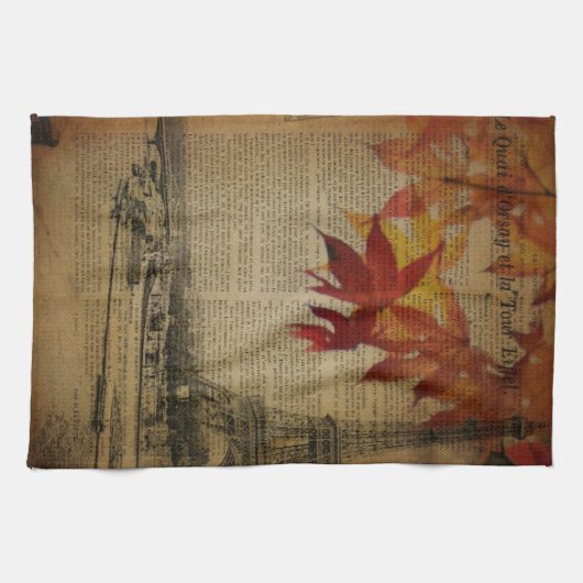 秋のかえでの葉の秋のパリエッフェル塔 キッチンタオル (横)