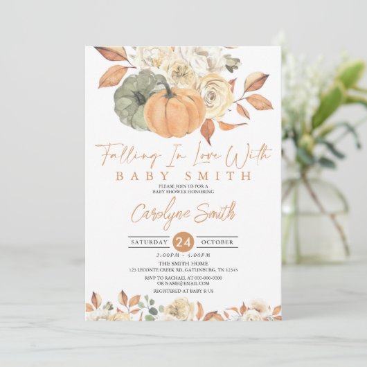 秋のかぼちゃが恋に落ちる赤ちゃんシャワー 招待状 (スタンド正面)