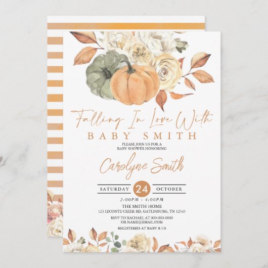 秋のかぼちゃが恋に落ちる赤ちゃんシャワー 招待状 (正面/裏面)