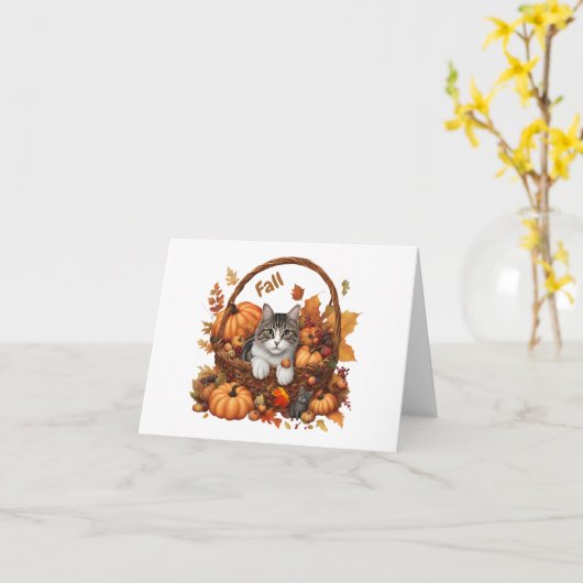秋のかぼちゃのかご – かわいい猫たち カード (黄色い花)