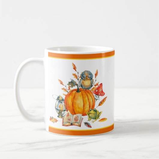 秋のかぼちゃフクロウとカエル コーヒーマグカップ (左)