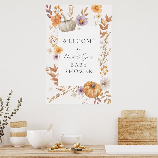 秋のかわいらしかぼちゃの赤ちゃんシャワー歓迎サイン ポスター (キッチン)