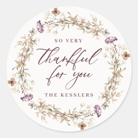秋のかわいらし野花リースありがとう ラウンドシール (正面)
