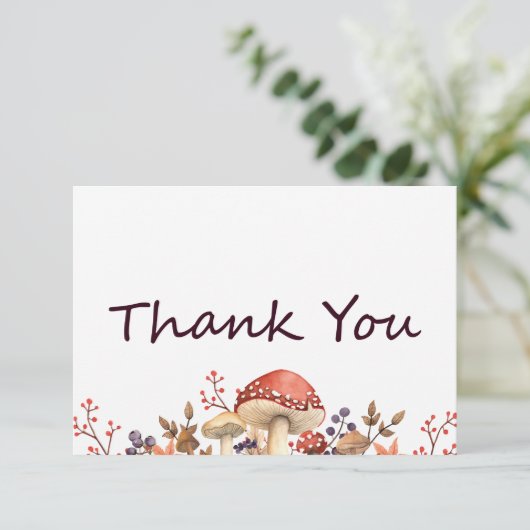 秋のきのこや植物と葉がぺたんこに倒れる サンキューカード (スタンド正面)