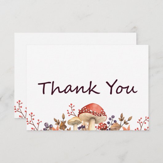 秋のきのこや植物と葉がぺたんこに倒れる サンキューカード (正面/裏面)