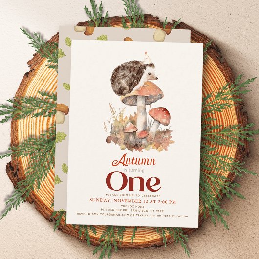 秋のきのこ　ハリネズミの1歳の誕生日 招待状