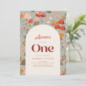 秋のきのこ ワイルドフラワー セイジ 1歳の誕生日 招待状 (スタンド正面)