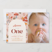 秋のきのこ ワイルドフラワー 1歳の誕生日 ピンクの写真 招待状 (正面)