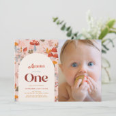 秋のきのこ ワイルドフラワー 1歳の誕生日 ピンクの写真 招待状 (スタンド正面)