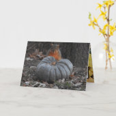 秋のご挨拶 | かわいいリスがカボチャを食べている カード (黄色い花)