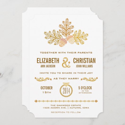 秋のどんぐりとオーク離れ結婚式招待状II 招待状 (正面/裏面)