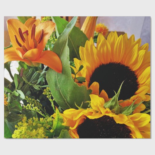 秋のはっきりした花束の中の明るいひまわり ラッピングペーパー (フラット)