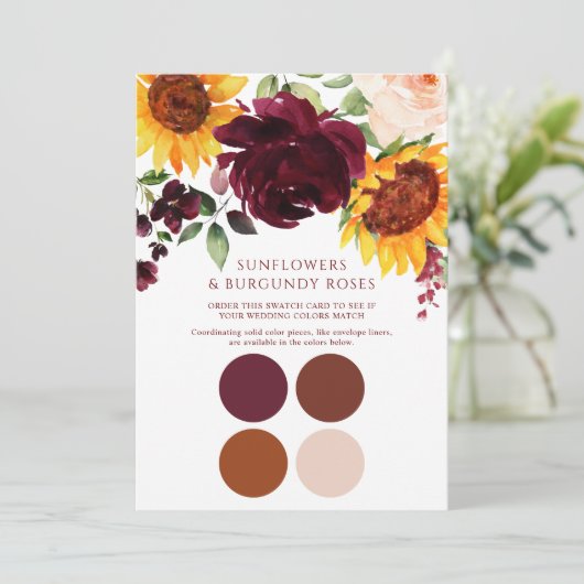 秋のひまわりとワインレッドのバラ ウェディング スワッチ カード (スタンド正面)