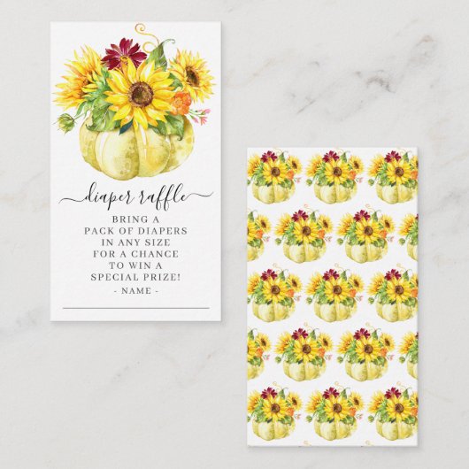 秋のひまわりカボチャ赤ちゃんシャワーおむつラッフル エンクロージャーカード (正面/裏面)