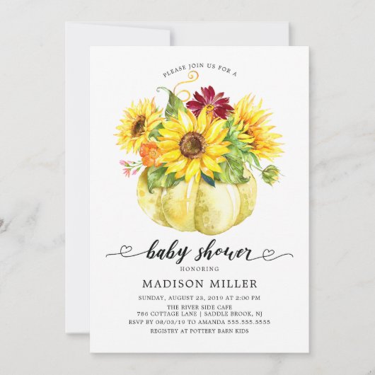 秋のひまわりカボチャ赤ちゃんシャワー 招待状 (正面)
