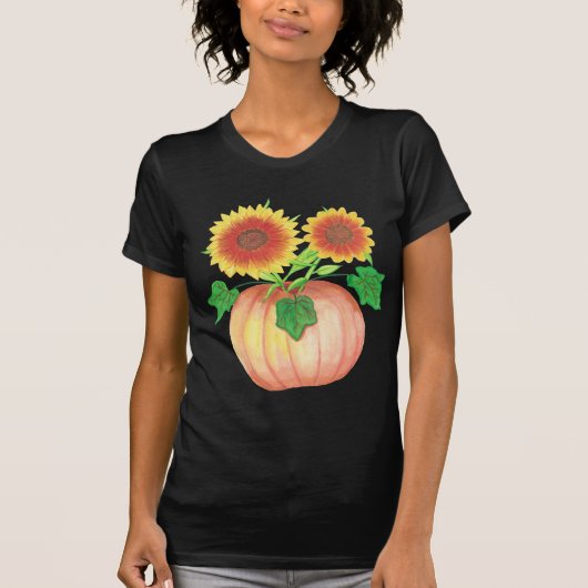 秋のひまわりタイのカボチャ葉の花 Tシャツ (正面)