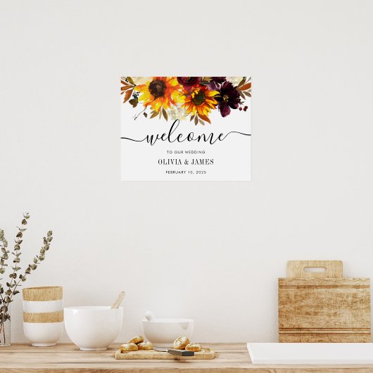 秋のひまわりバーガン結婚ディの歓迎サイン ポスター (キッチン)